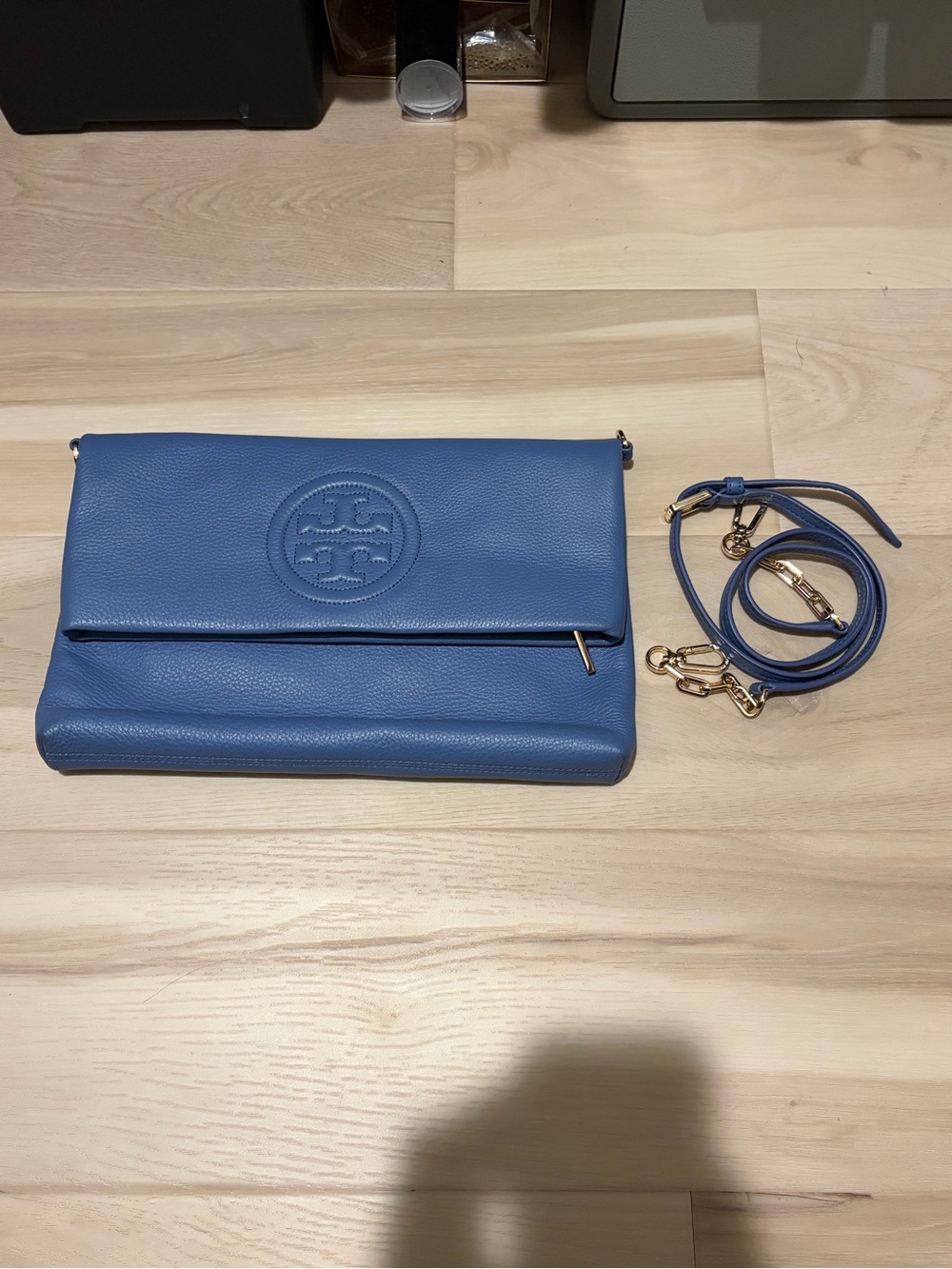 Tory Burch Periwinkle Blue Pebbled Leather Fold-Over Crossbody